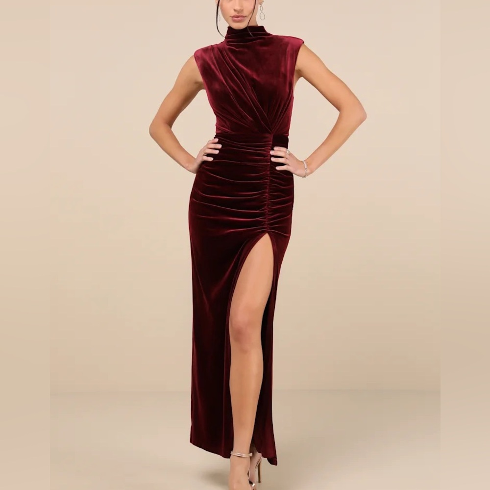 Burgundy Ruched Velvet Mock Neck Maxi Dress